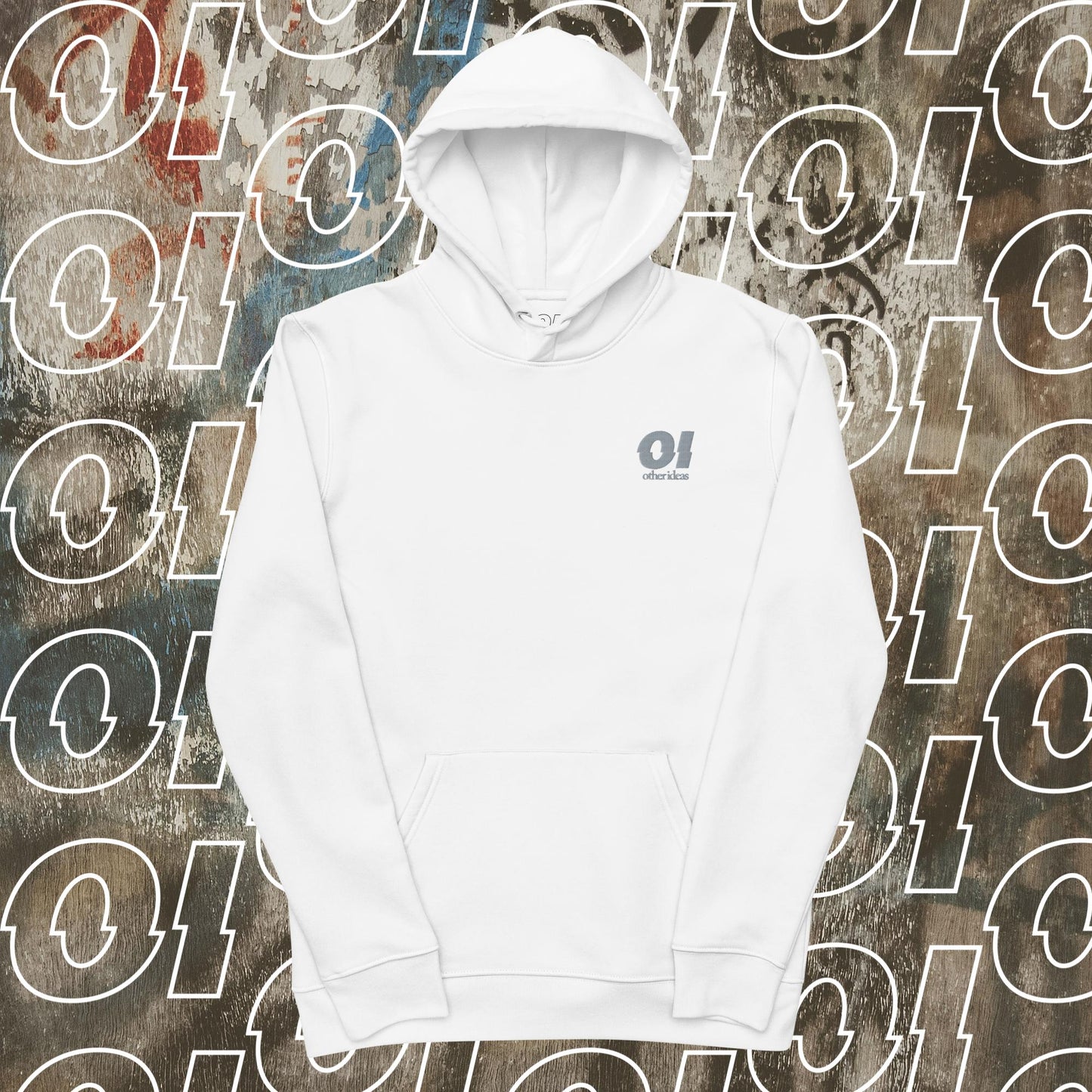 Other Ideas Men's White Streetwear Hoodie with Embroidered chest logo graphic.