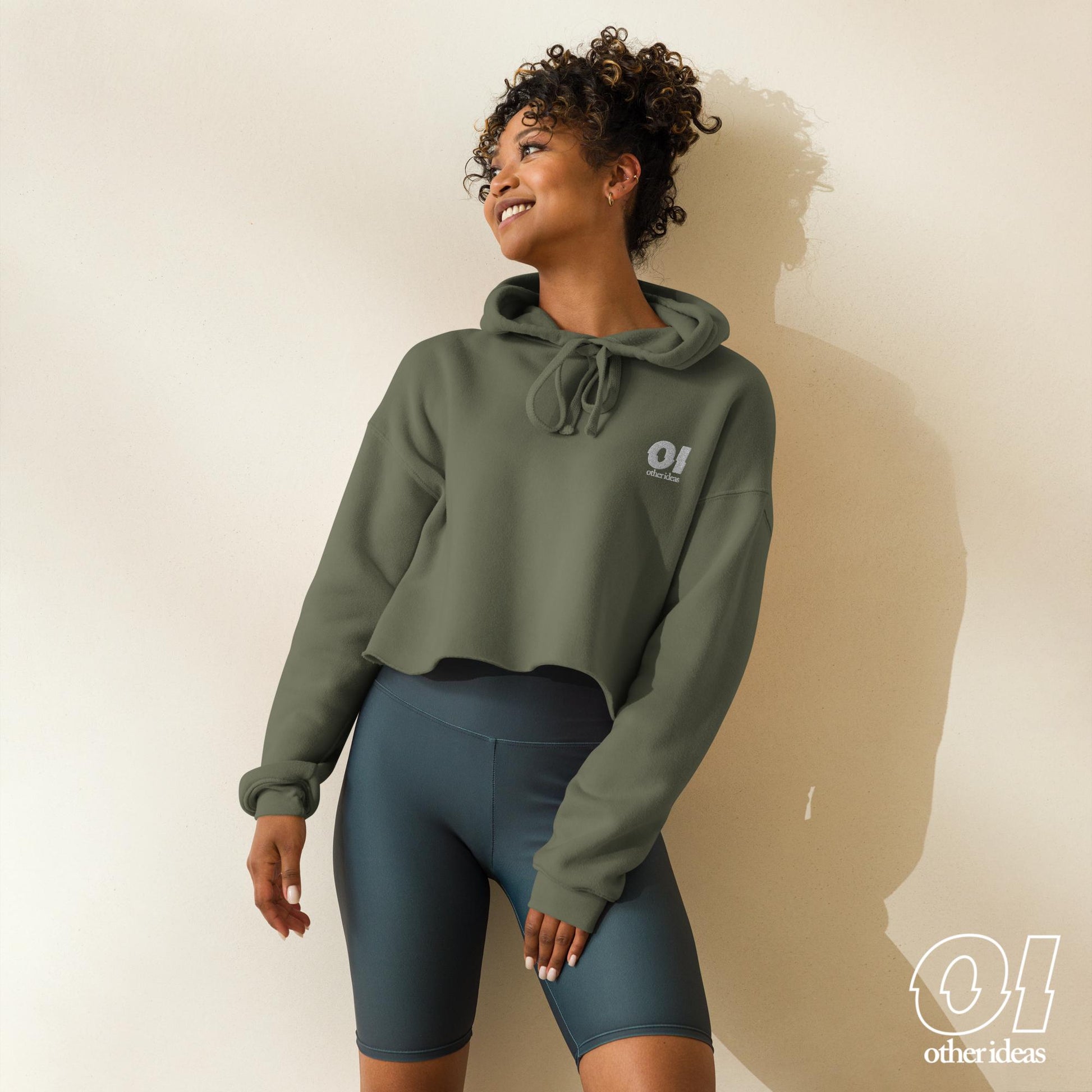 Other Ideas Women's Cropped Streetwear Hoodie in green with embroidered chest logo