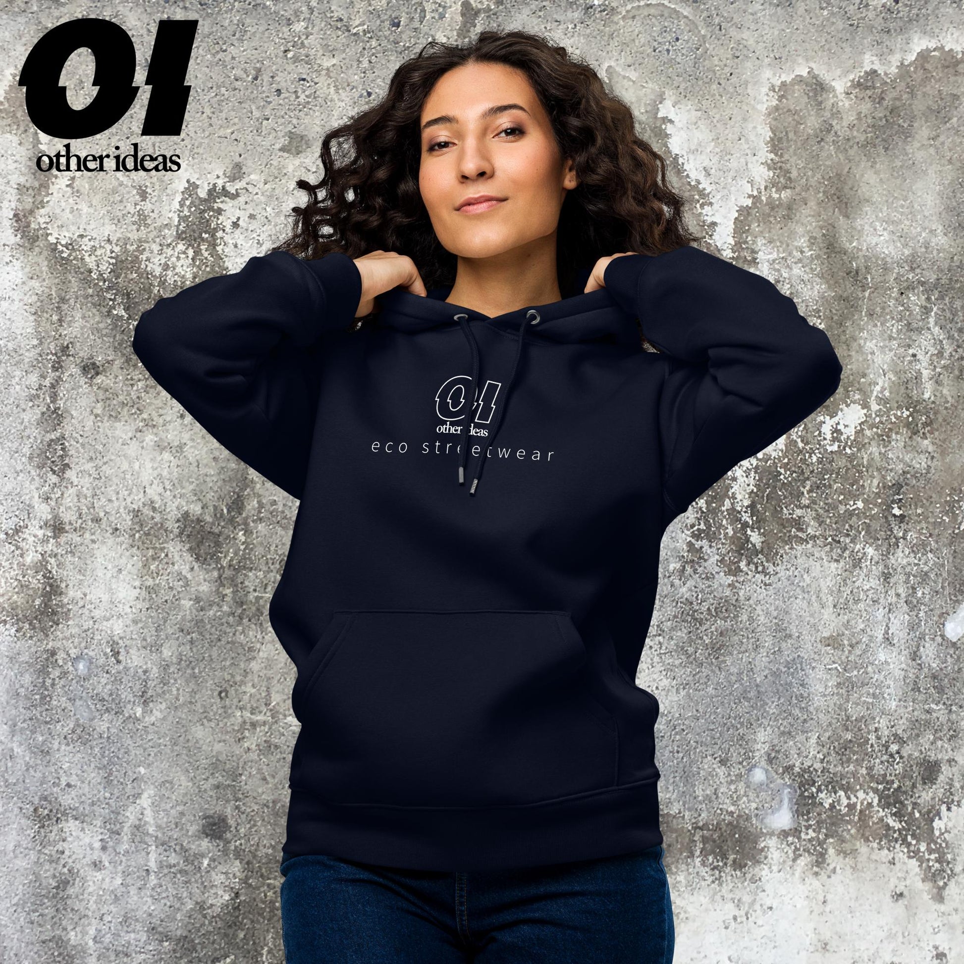 Other Ideas Women's Streetwear Hoodie in Navy Blue with white printed logo graphic