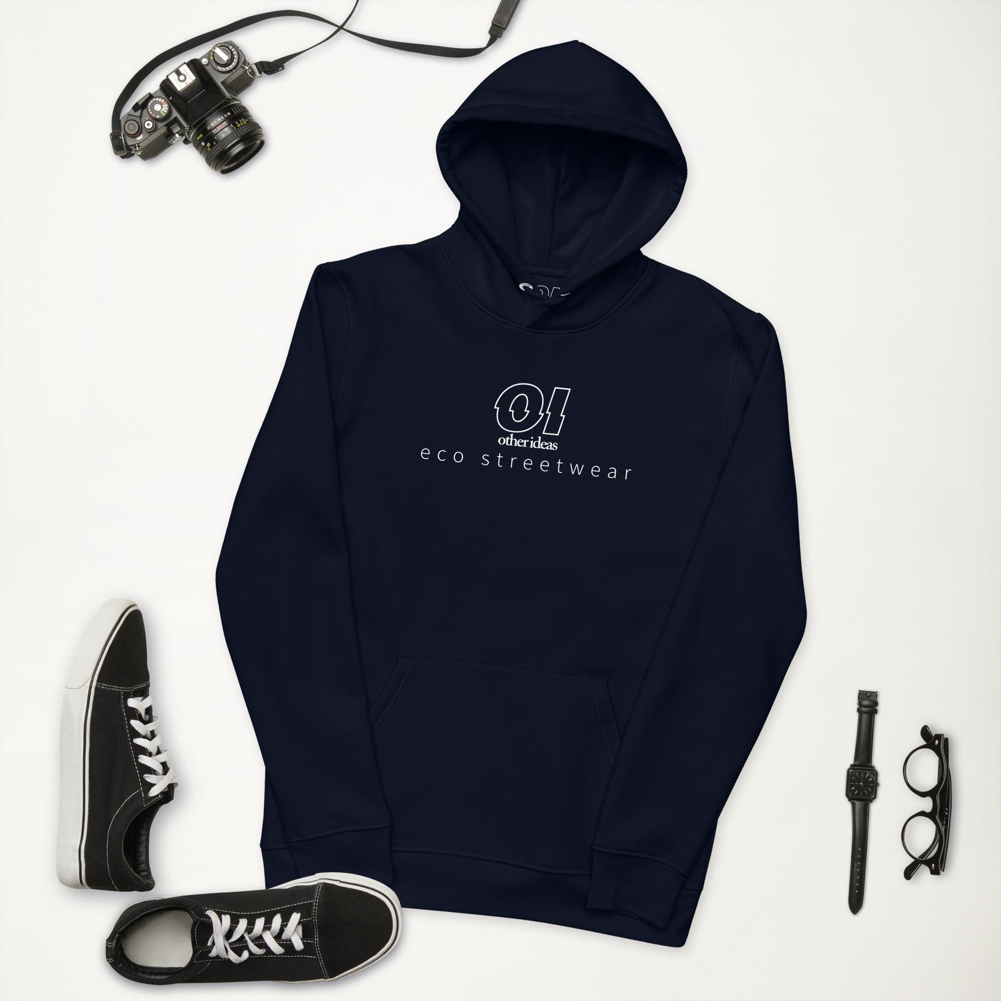 Other Ideas Women's Streetwear Hoodie in Navy Blue with white printed logo