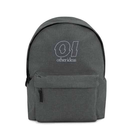 other ideas eco streetwear grey marl outline logo embroidered sustainably made slow fashion backpack front view