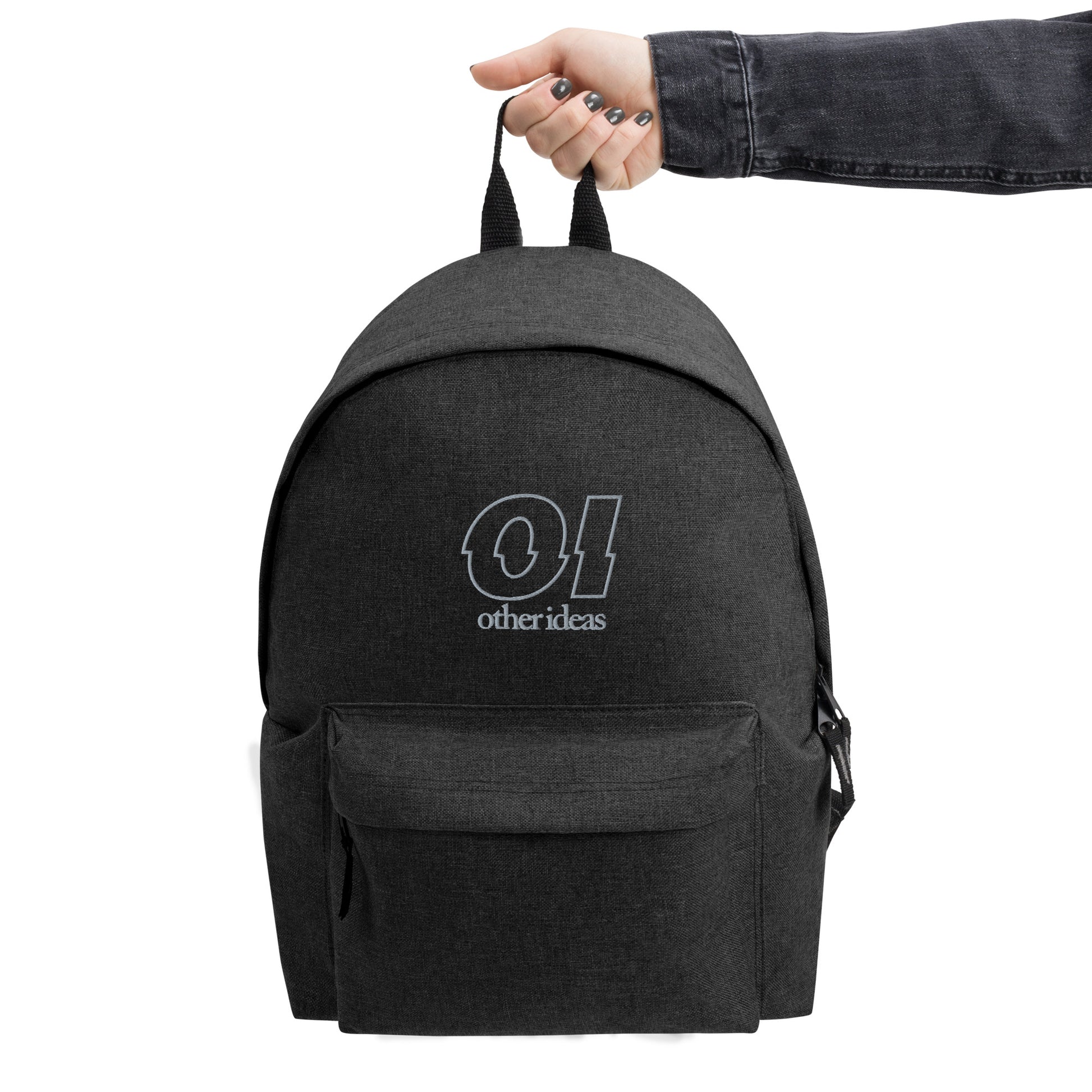 other ideas eco streetwear anthracite outline logo embroidered sustainably made slow fashion backpack holding out view