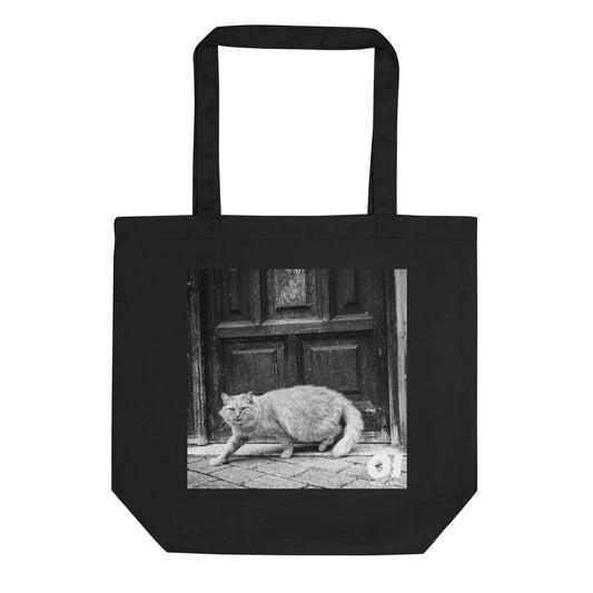 other ideas eco streetwear black organic cotton canvas streetstyle tote bag with black and white cat photo printed flat front view