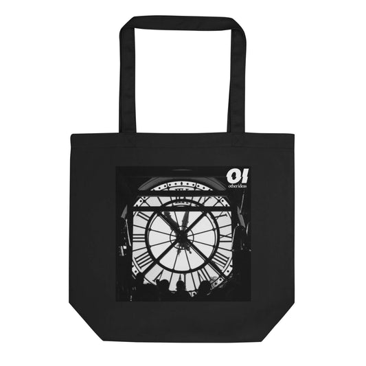 other ideas eco streetwear black organic cotton vegan tote bag with black and white clock face musee d'orsay photo print flat front view