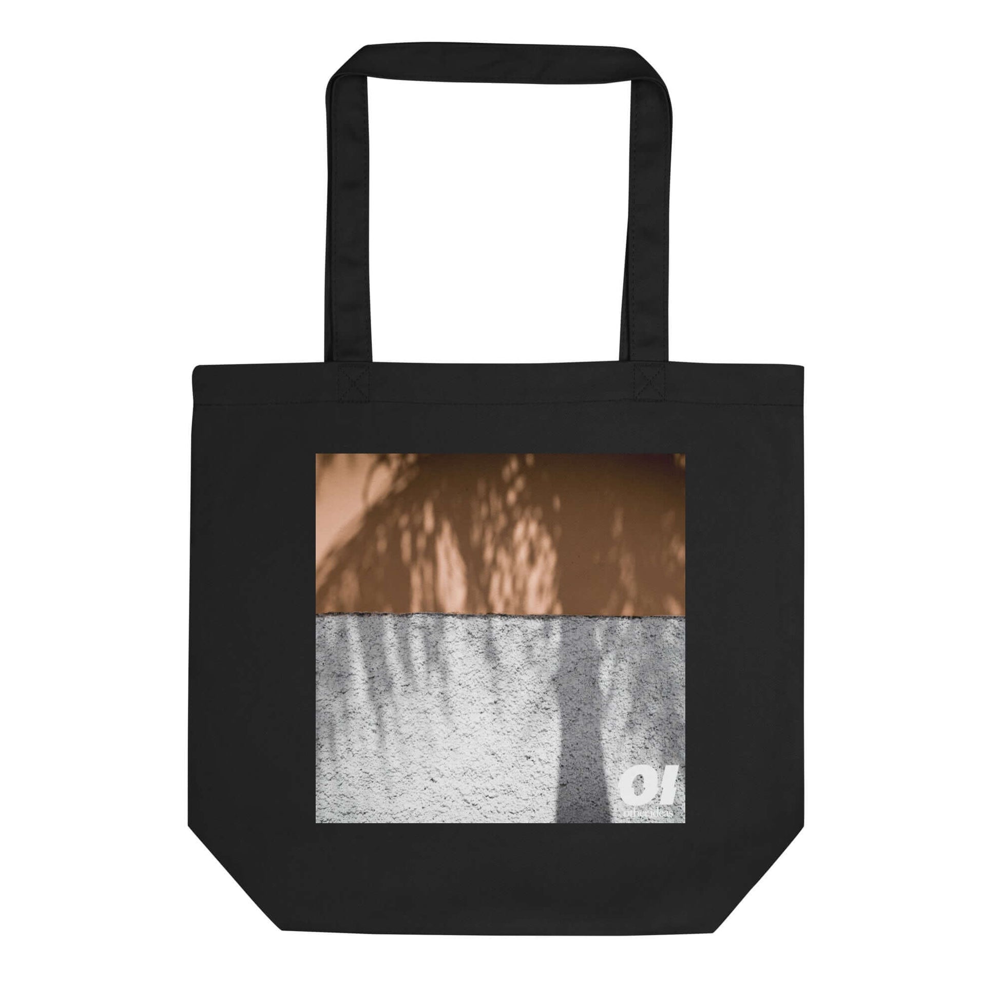 other ideas eco streetwear black organic cotton vegan tote bag with colour palm shadow photo print flat front view