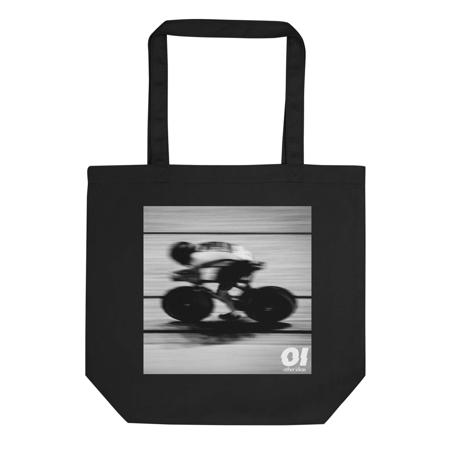 other ideas eco streetwear black organic cotton vegan tote bag with black and white cycling photo print flat front view