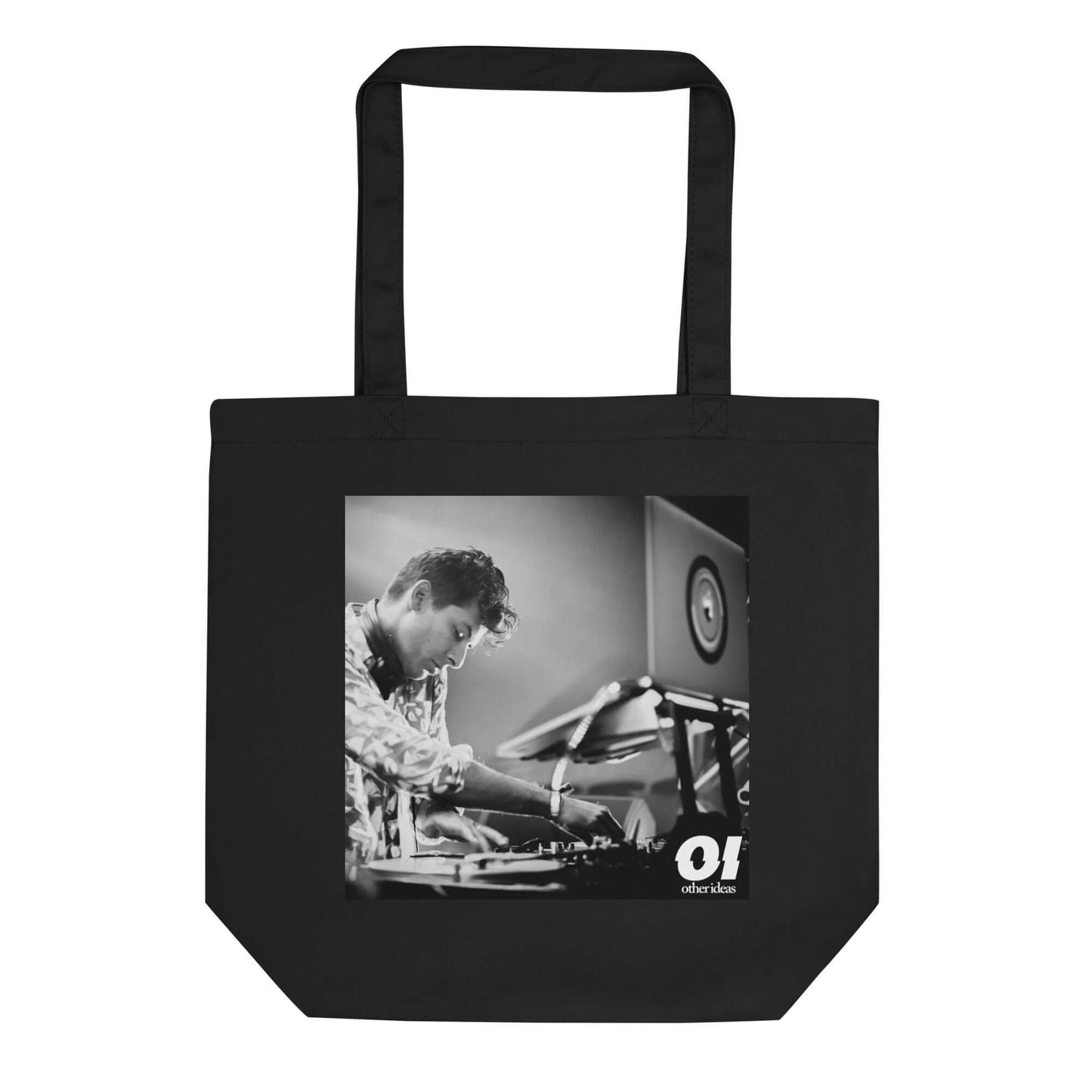 other ideas eco streetwear black organic cotton vegan tote bag with black and white Dj Mark Ronson photo print flat front view