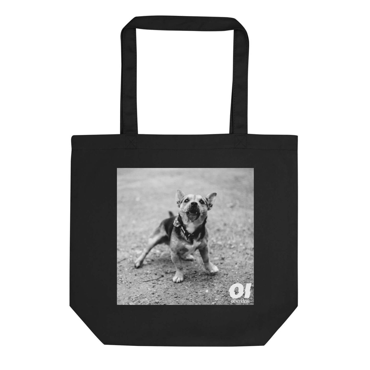 other ideas eco streetwear black organic cotton vegan tote bag with black and white dog photo print flat front view