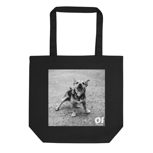 other ideas eco streetwear black organic cotton vegan tote bag with black and white dog photo print flat front view