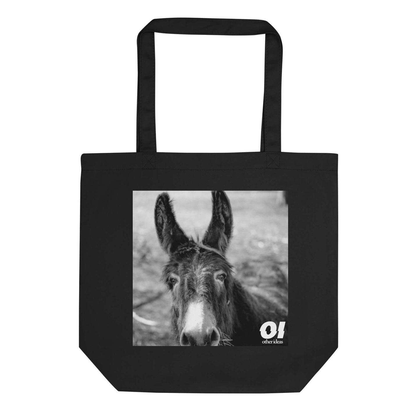 other ideas eco streetwear black organic cotton vegan tote bag with black and white happy donkey photo print flat front view