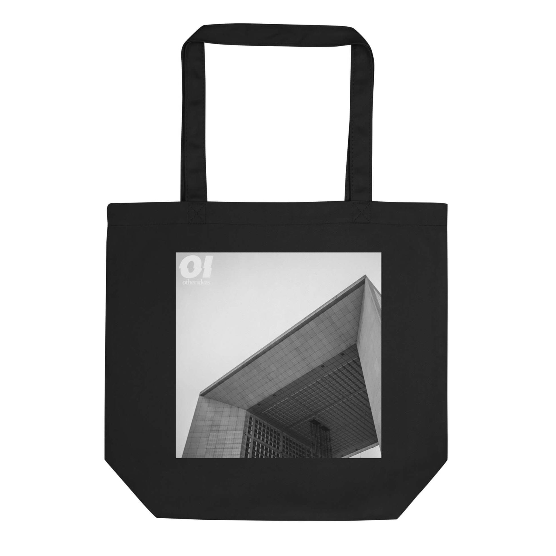 other ideas eco streetwear black organic cotton vegan tote bag with black and white La Defense architecture photo print flat front view