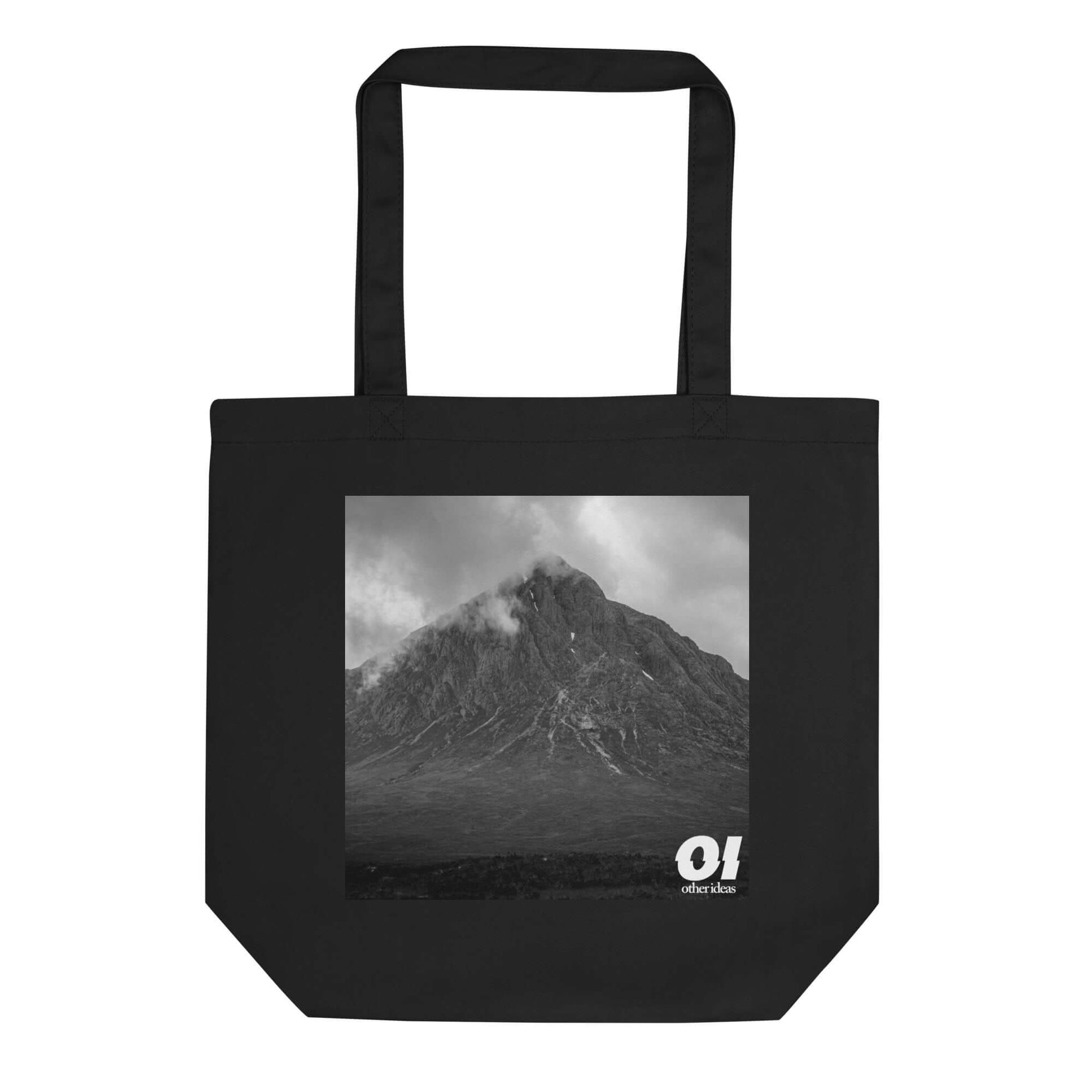 other ideas eco streetwear black organic cotton vegan tote bag with black and white atmospheric mountain photo print flat front view