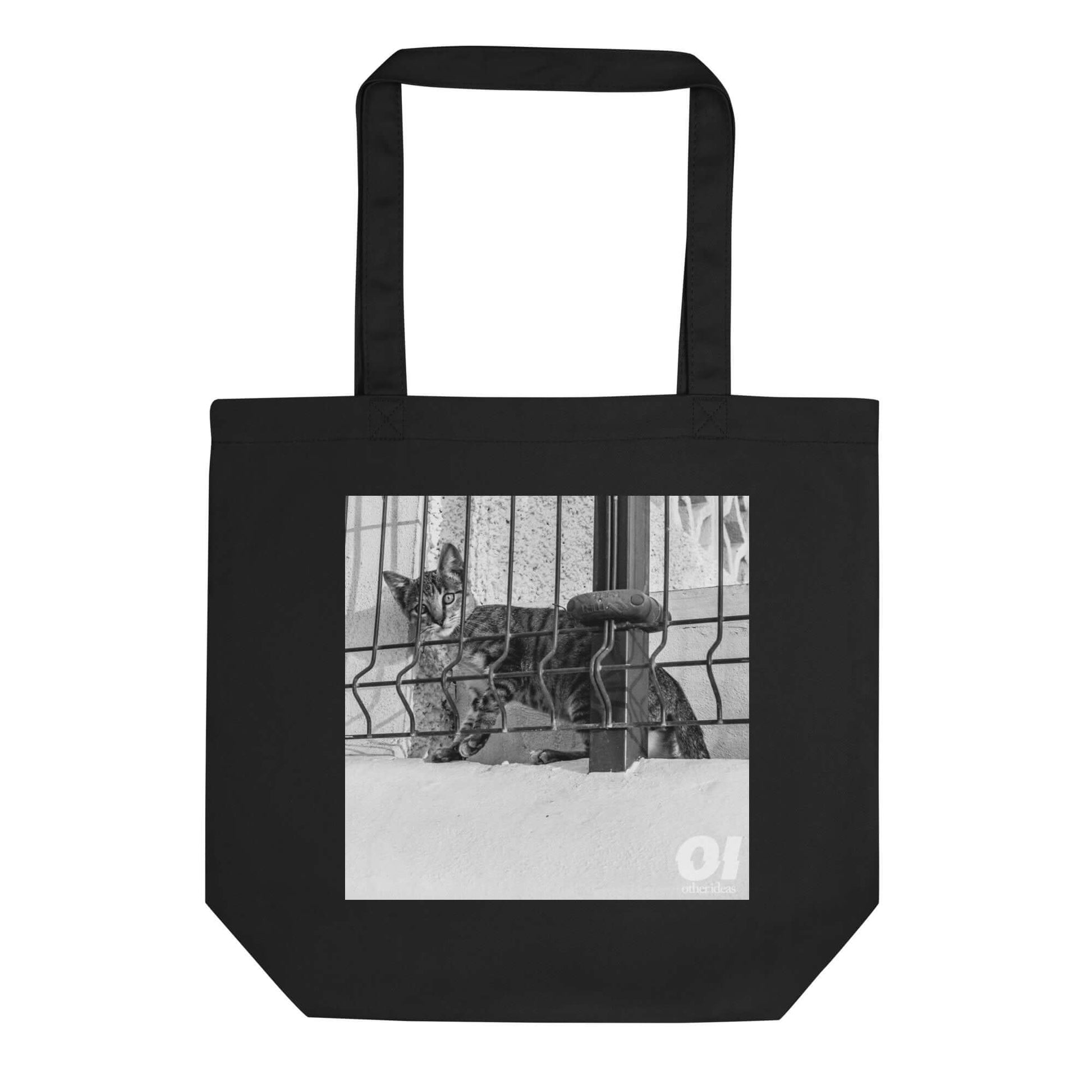 other ideas eco streetwear black organic cotton vegan tote bag with black and white nosey cat photo print flat front view