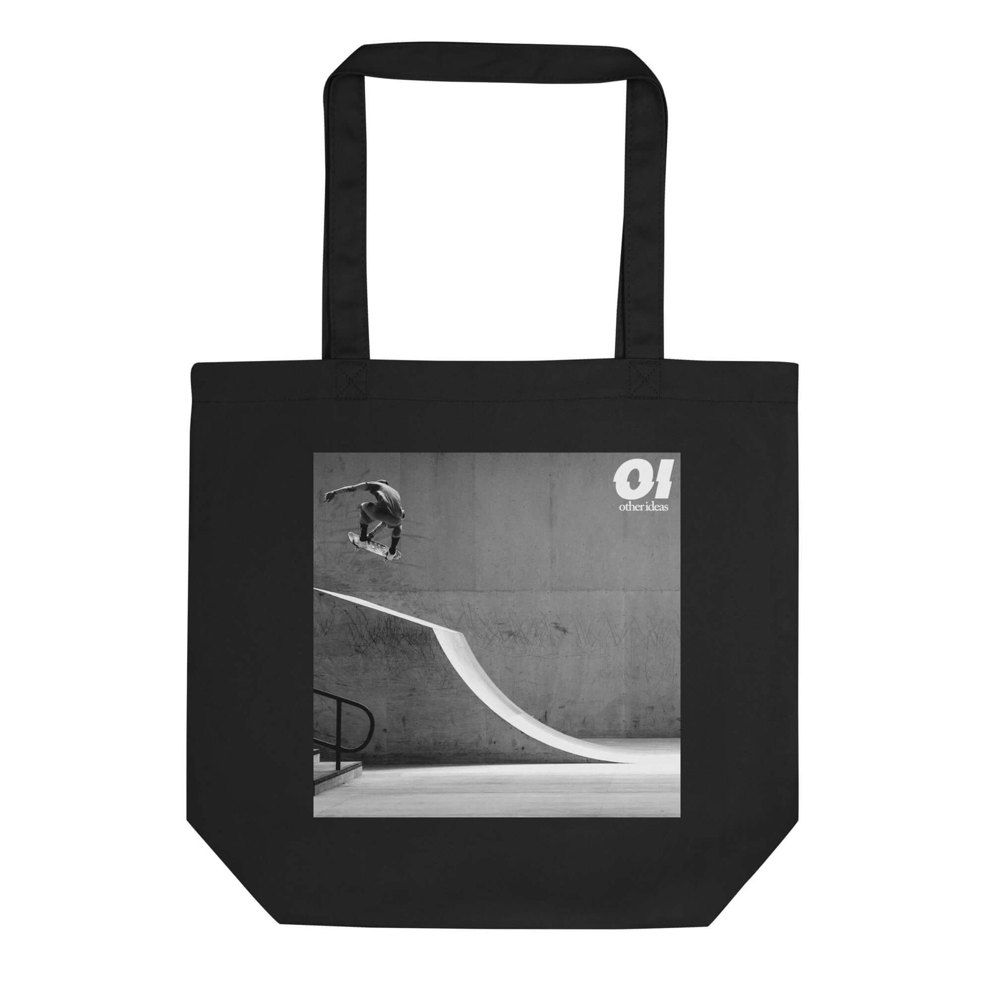 other ideas eco streetwear black organic cotton vegan tote bag with black and white skateboarding "Air" photo print flat front view