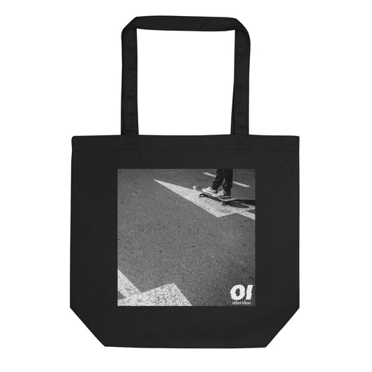 other ideas eco streetwear black organic cotton vegan tote bag with black and white skateboarding "Arrows" photo print flat front view