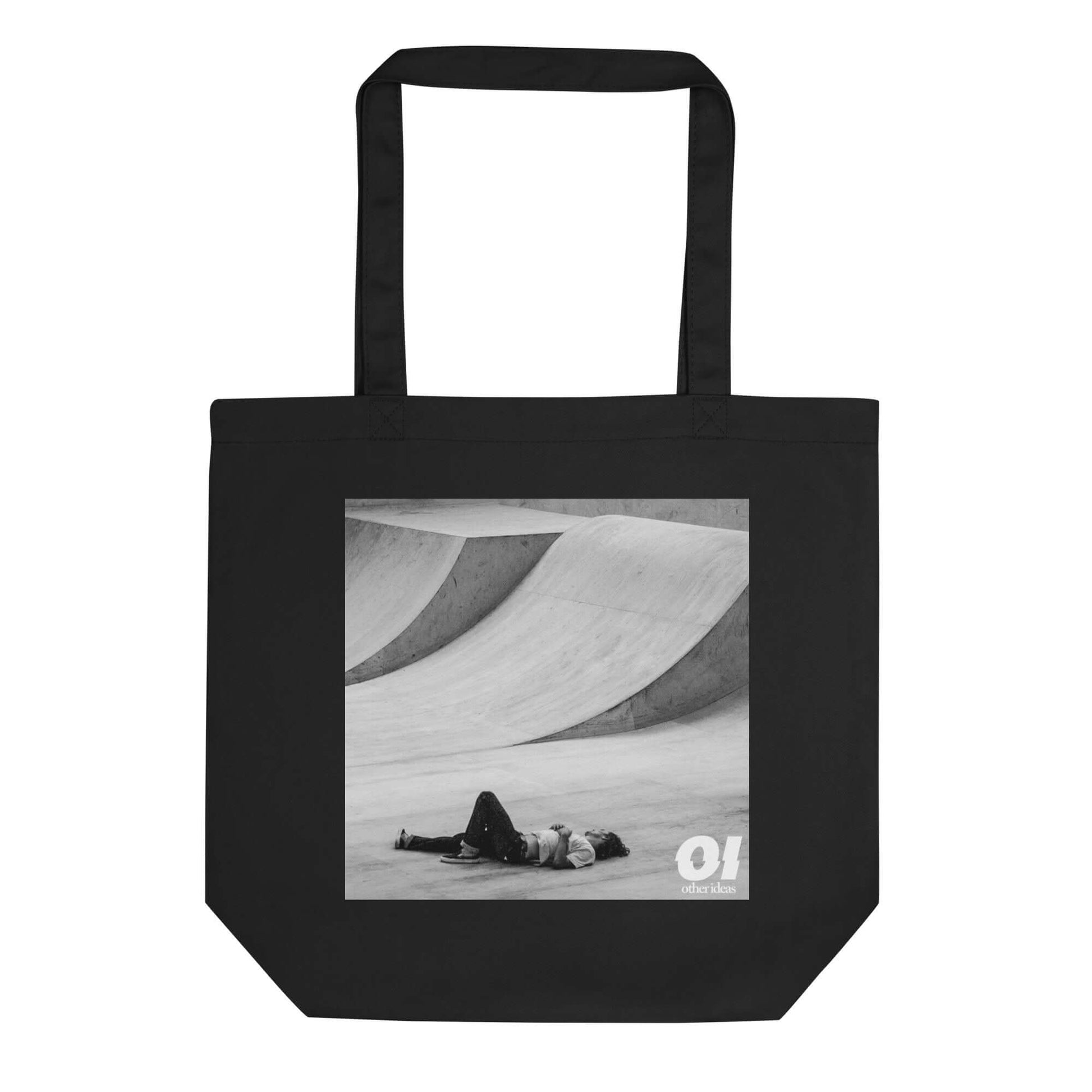 other ideas eco streetwear black organic cotton vegan tote bag with black and white skateboarding "Fall" photo print flat front view