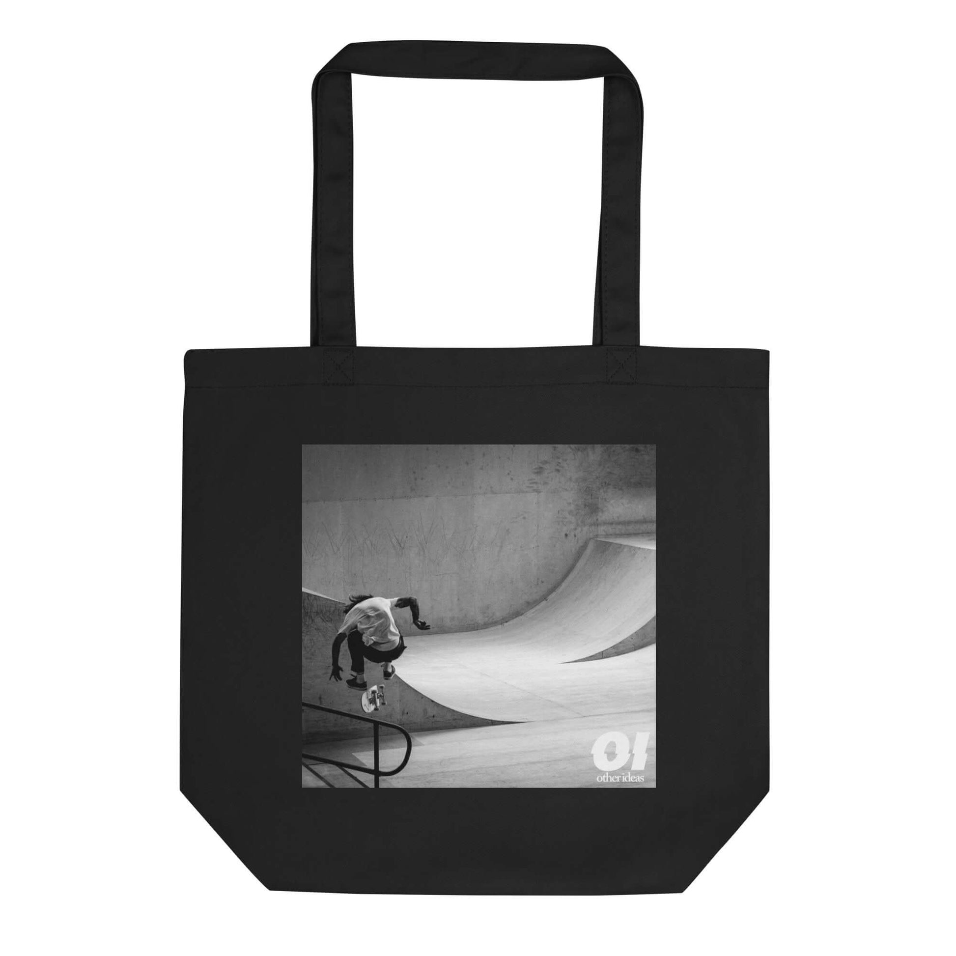 other ideas eco streetwear black organic cotton vegan tote bag with black and white skateboarding "Jump" photo print flat front view