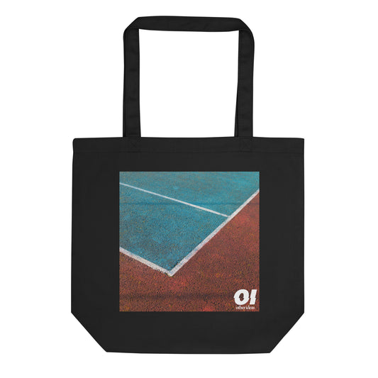 other ideas eco streetwear black organic cotton vegan tote bag with colour tennis court photo print flat front view