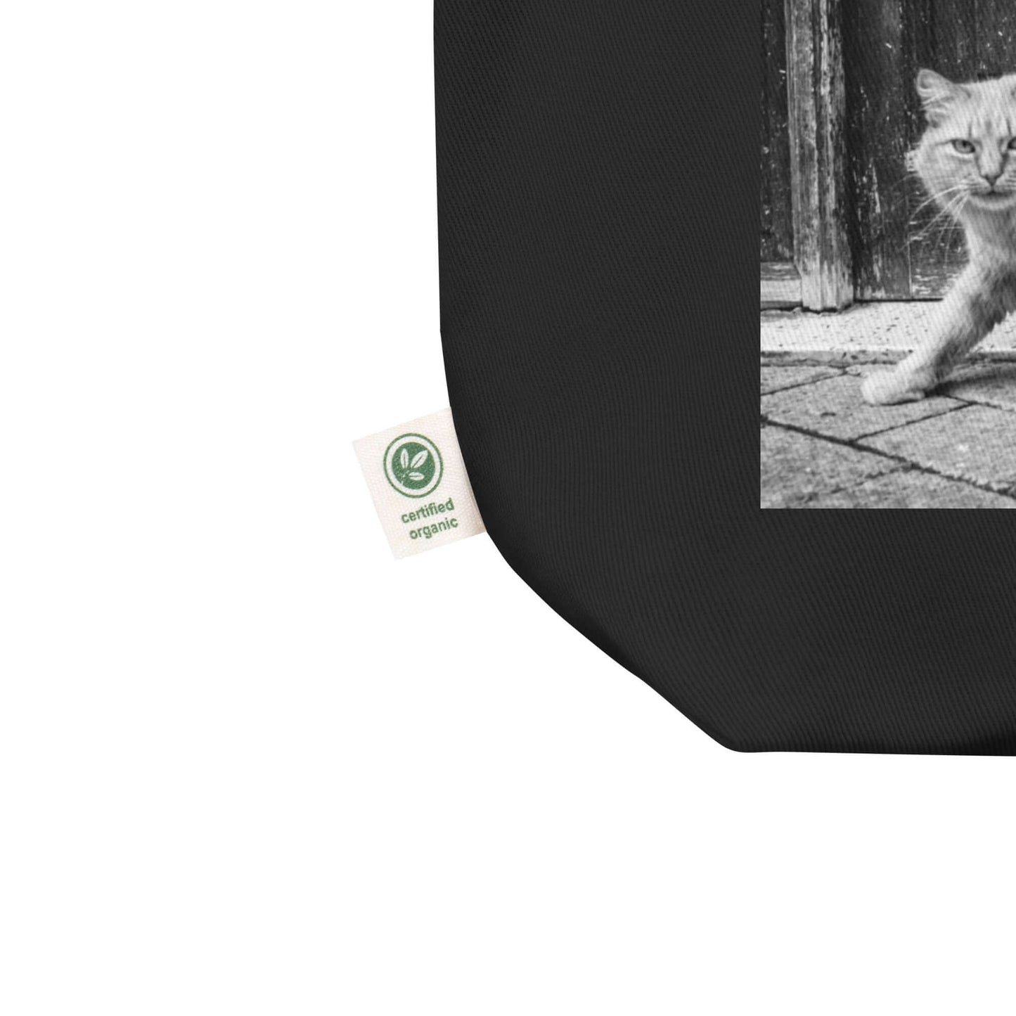 other ideas eco streetwear black organic cotton vegan tote bag with cat photo printed flat front view zoomed with organic label detail