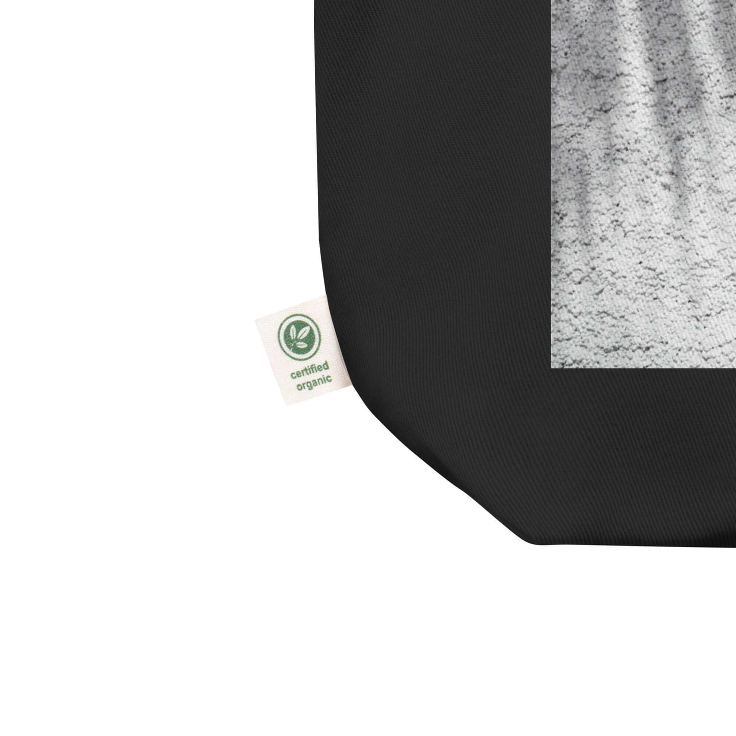 other ideas eco streetwear black organic cotton vegan tote bag with colour palm shadow photo printed flat front view zoomed with organic label detail