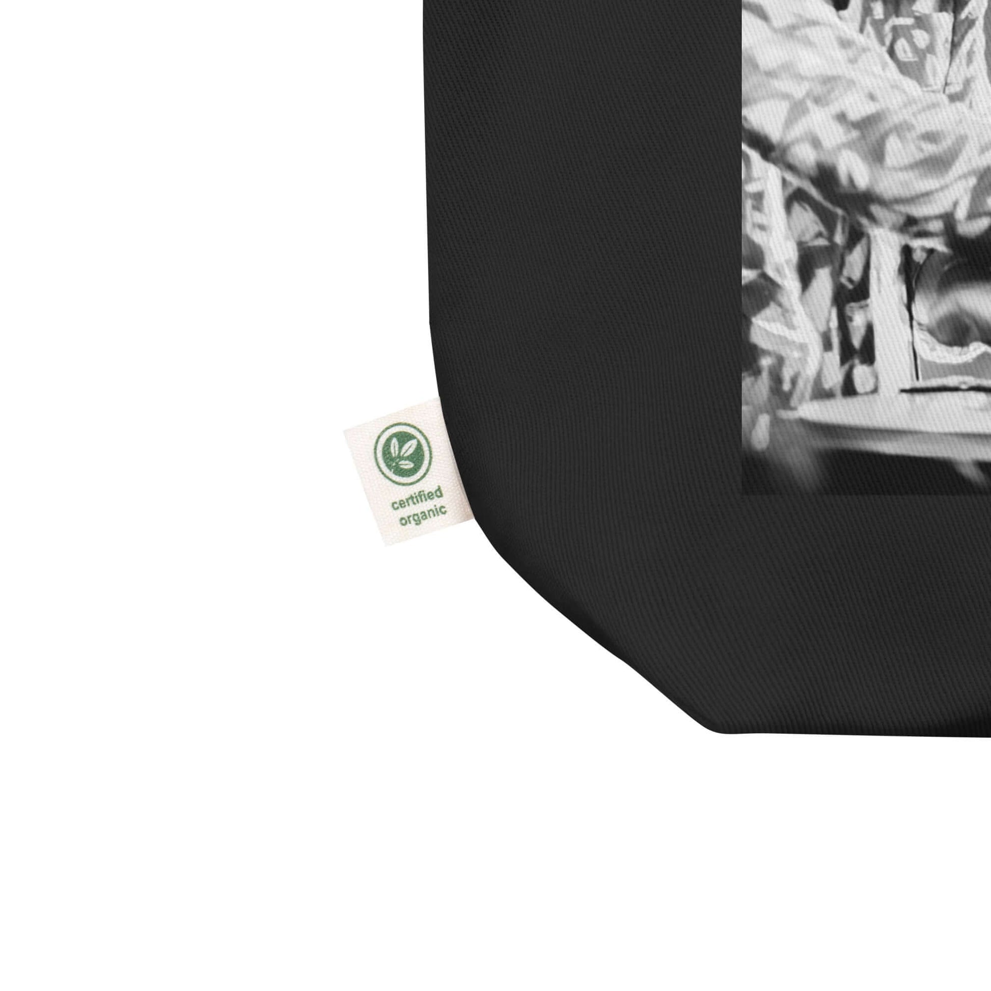 other ideas eco streetwear black organic cotton vegan tote bag with Dj Mark Ronson printed flat front view zoomed with organic label detail