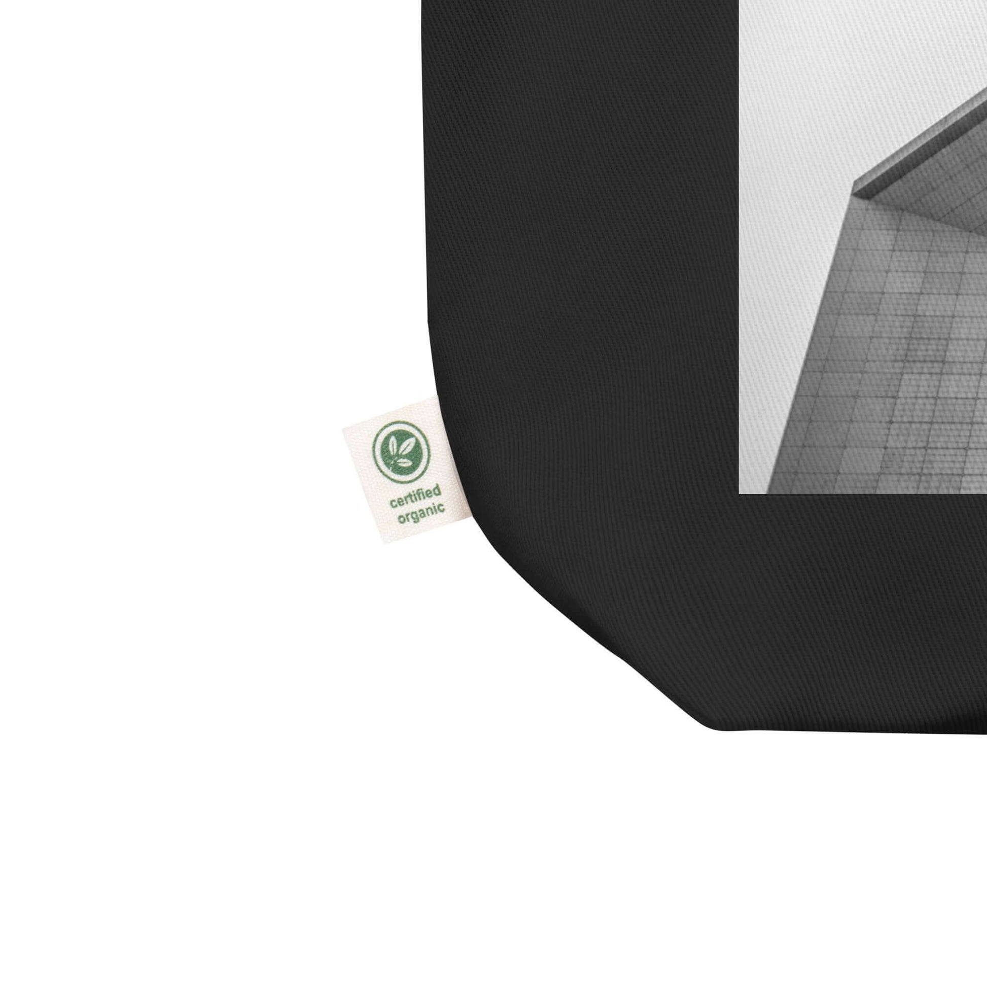 other ideas eco streetwear black organic cotton vegan tote bag with la defense architecture photo printed flat front view zoomed with organic label detail