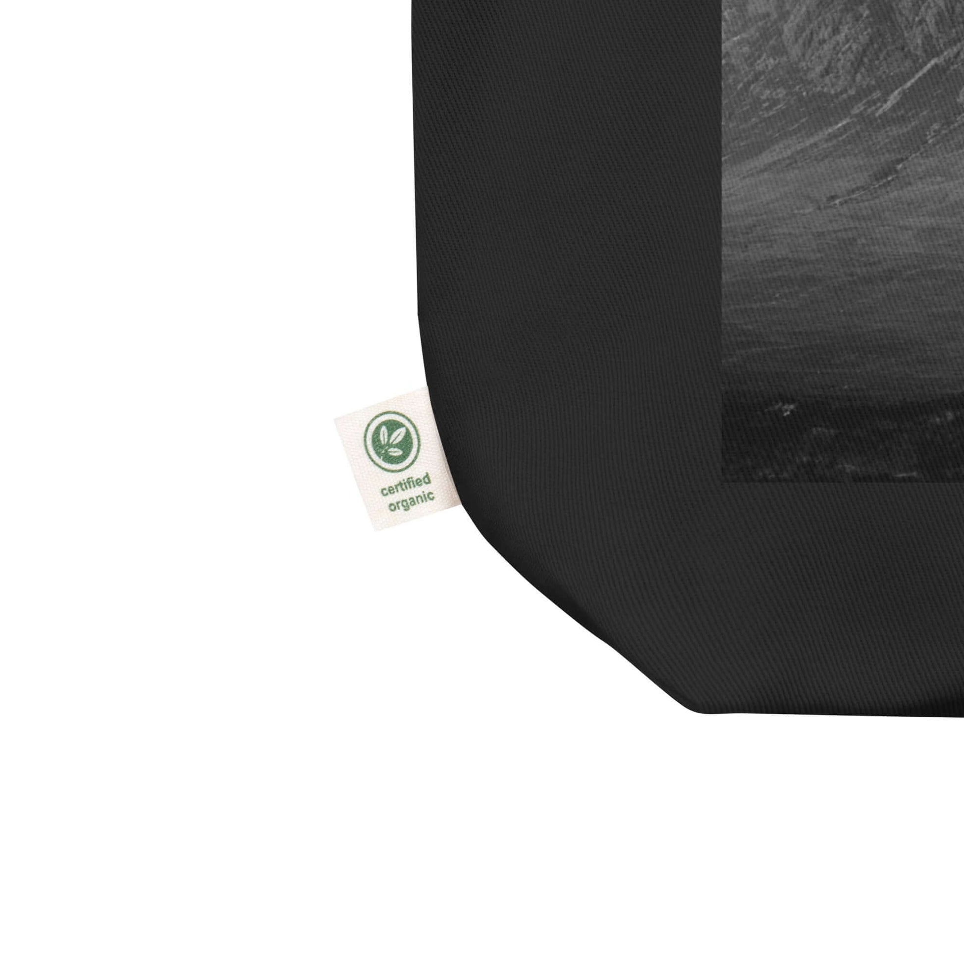 other ideas eco streetwear black organic cotton vegan tote bag with atmospheric mountain photo printed flat front view zoomed with organic label detail