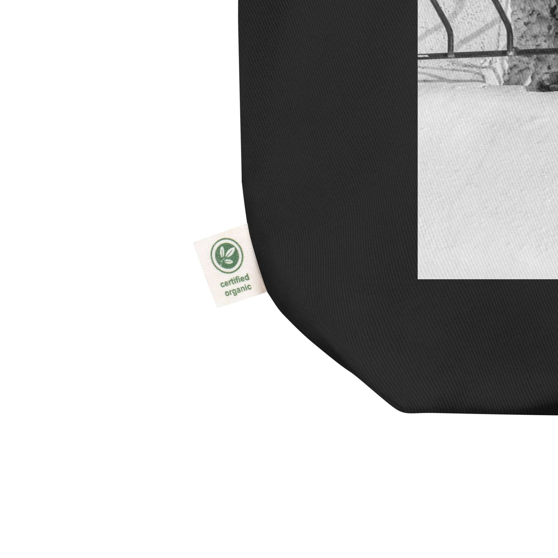 other ideas eco streetwear black organic cotton vegan tote bag with nosey cat photo printed flat front view zoomed with organic label detail