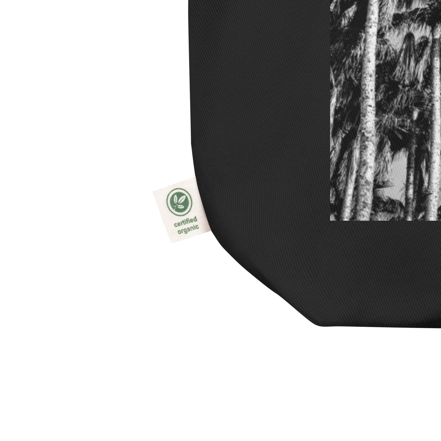 other ideas eco streetwear black organic cotton vegan tote bag with palm trees photo printed flat front view zoomed with organic label detail