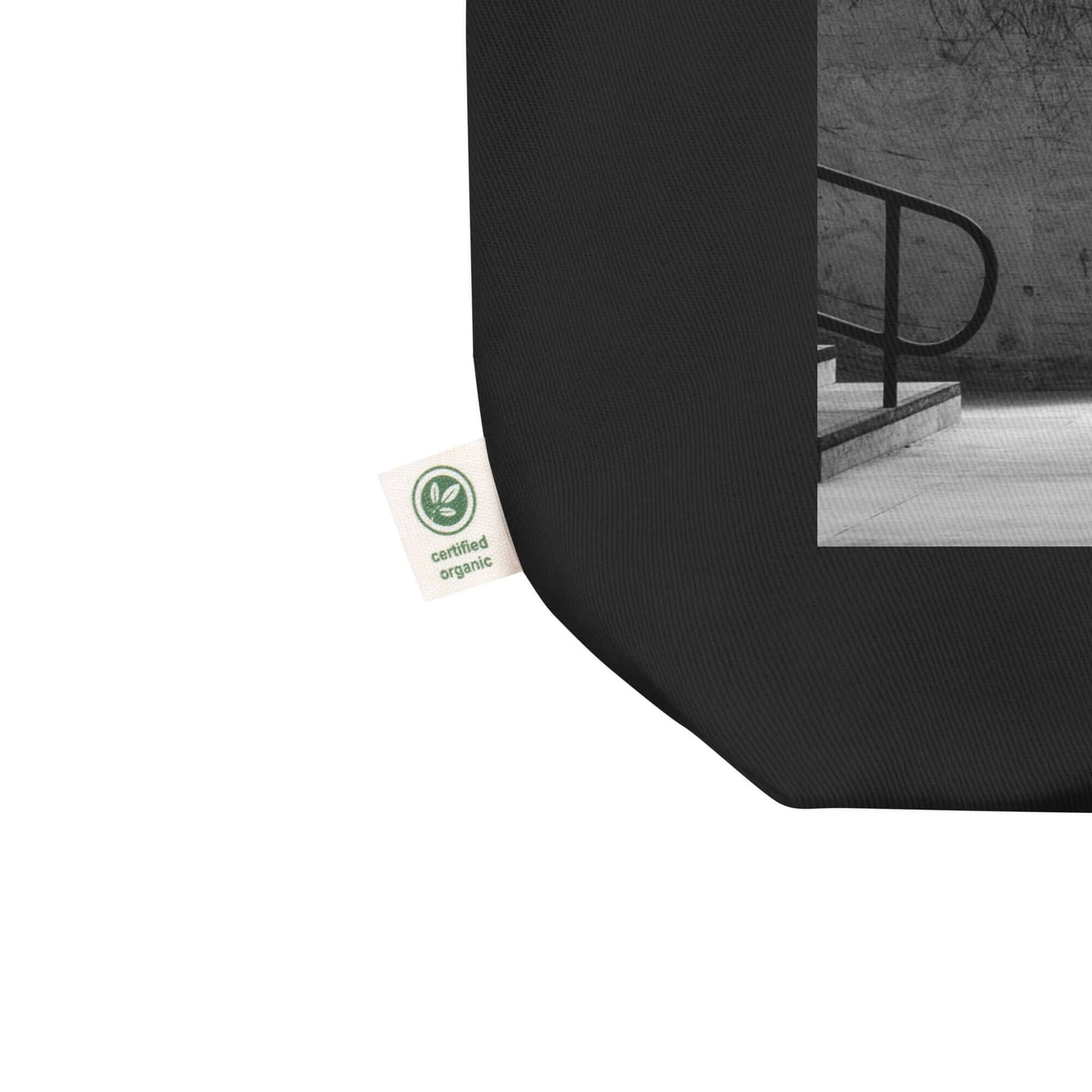 other ideas eco streetwear black organic cotton vegan tote bag with skateboarding air photo printed flat front view zoomed with organic label detail