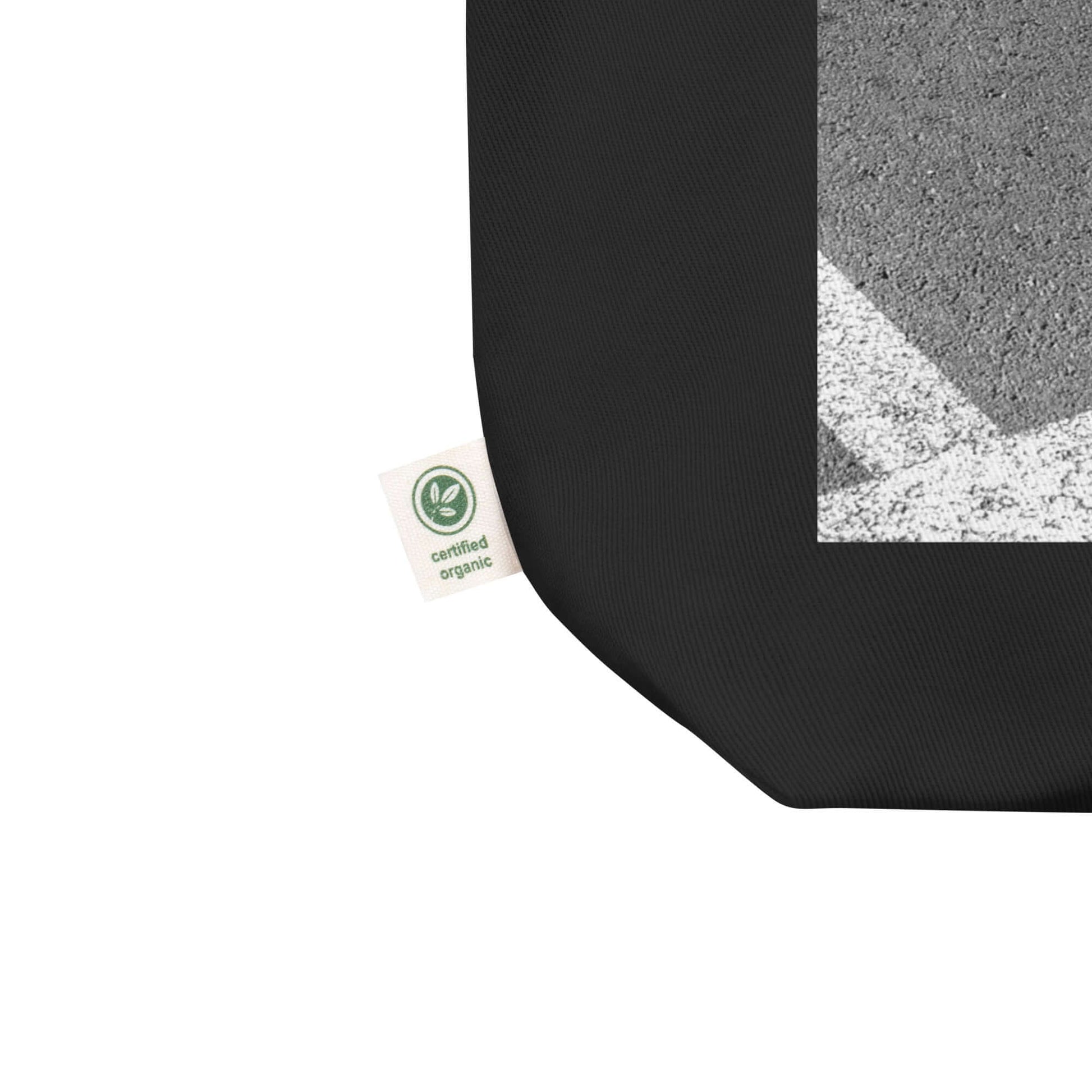 other ideas eco streetwear black organic cotton vegan tote bag with skateboarding arrows photo printed flat front view zoomed with organic label detail