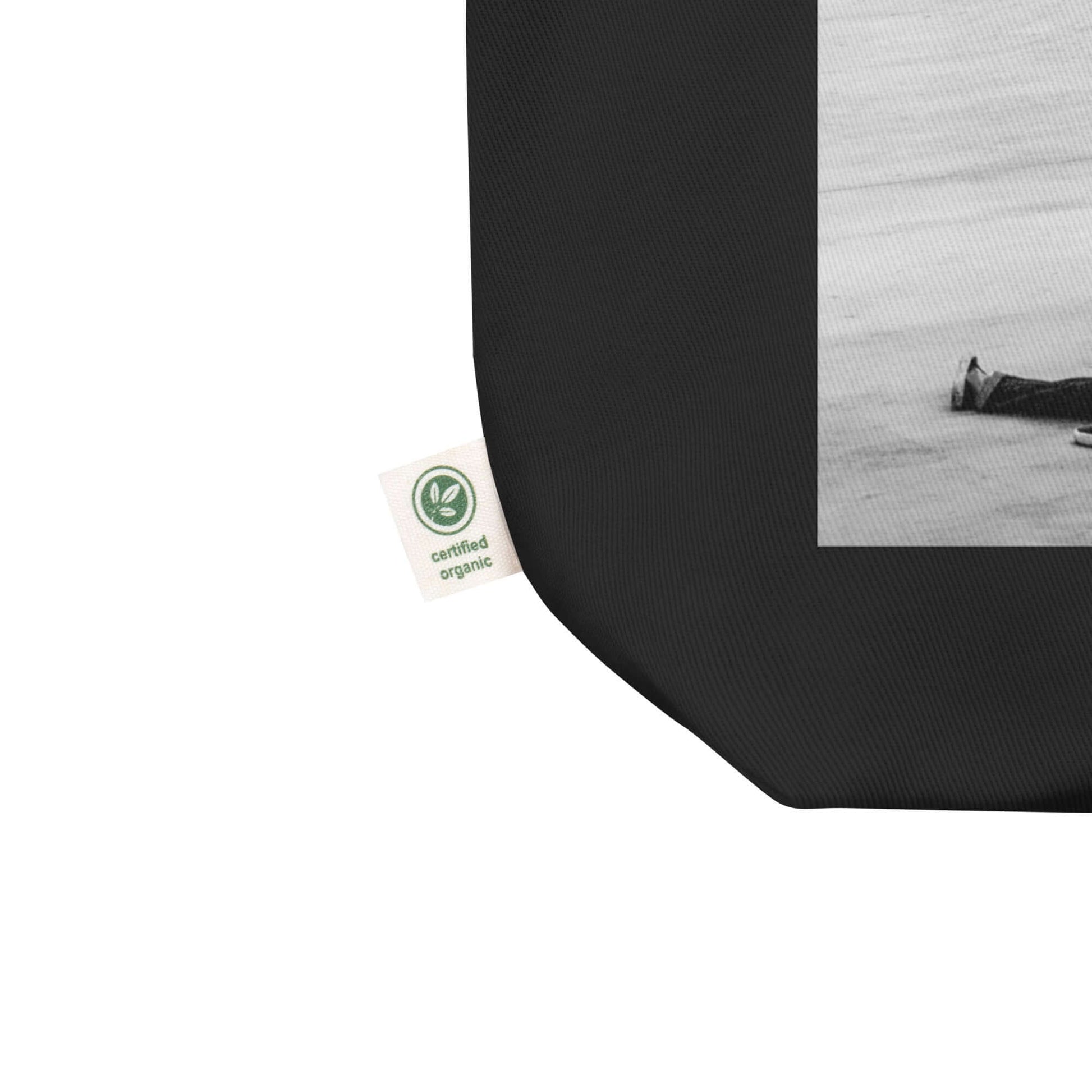 other ideas eco streetwear black organic cotton vegan tote bag with black and white skateboarding "Fall" photo print flat front view showing organic label and photo detail