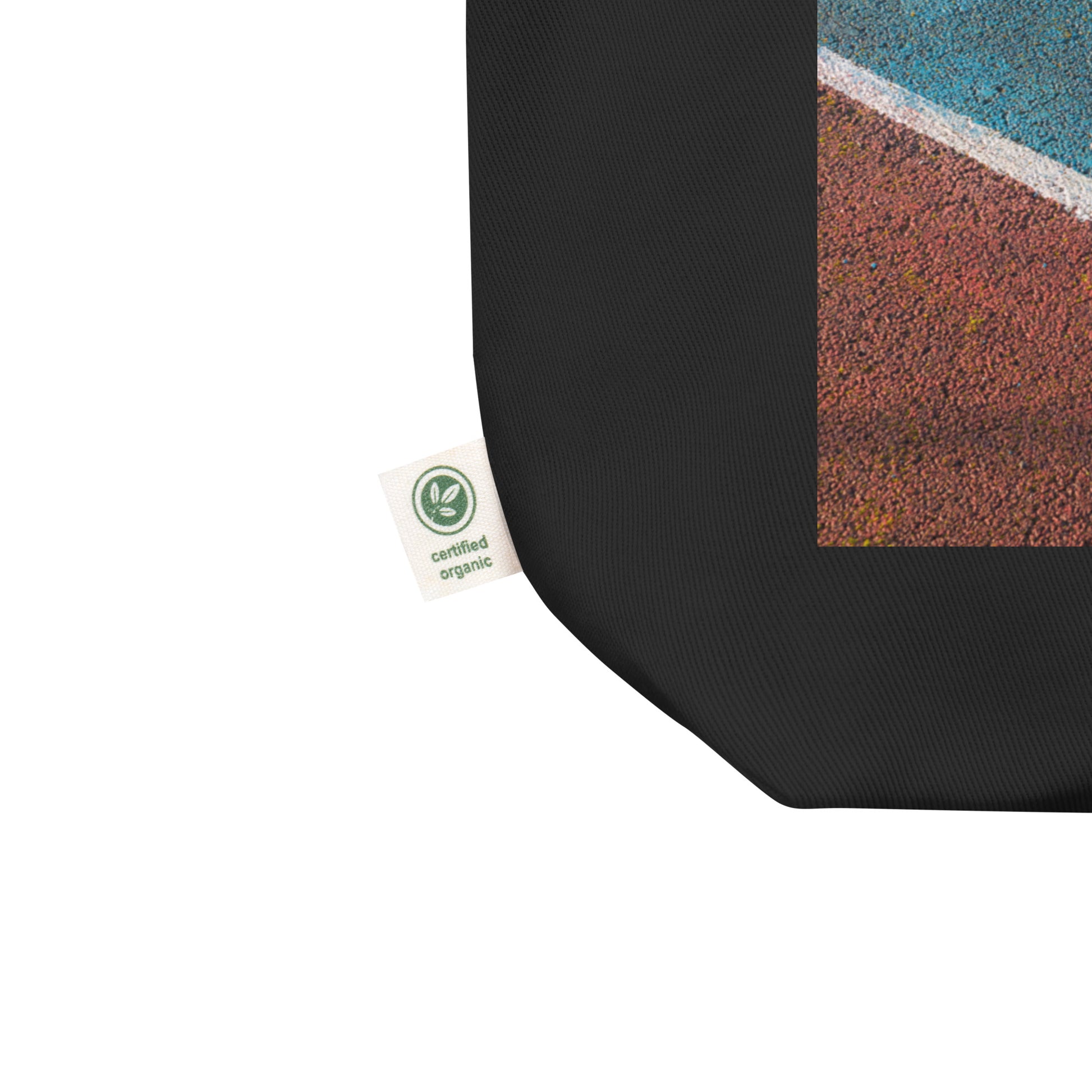 other ideas eco streetwear black organic cotton vegan tote bag with colour tennis court photo printed flat front view zoomed with organic label detail