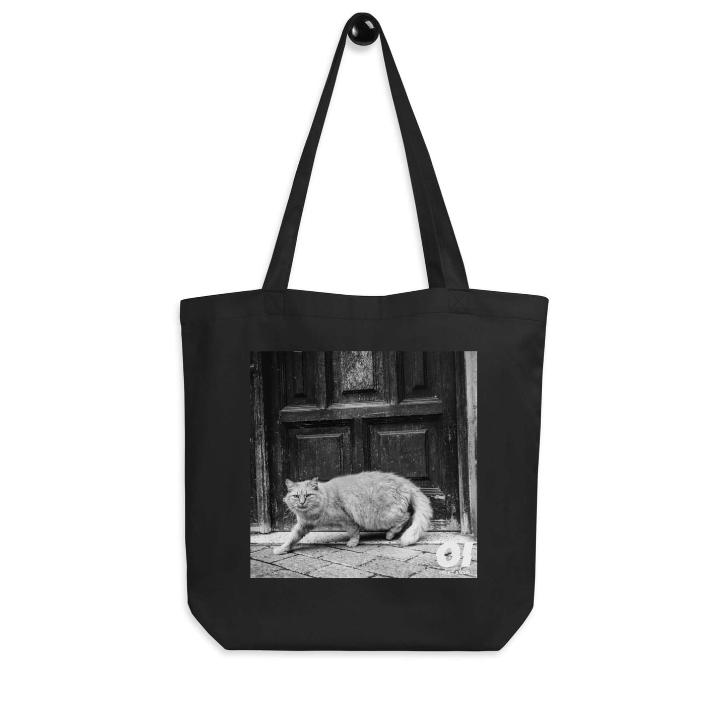 other ideas eco streetwear black organic cotton canvas streetstyle tote bag with black and white cat photo printed on hanger view