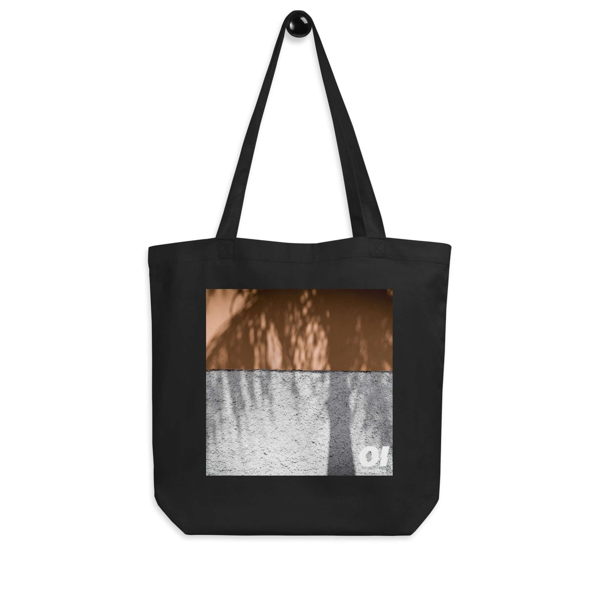 other ideas eco streetwear black organic cotton canvas streetstyle tote bag with colour palm shadow photo printed on hanger view