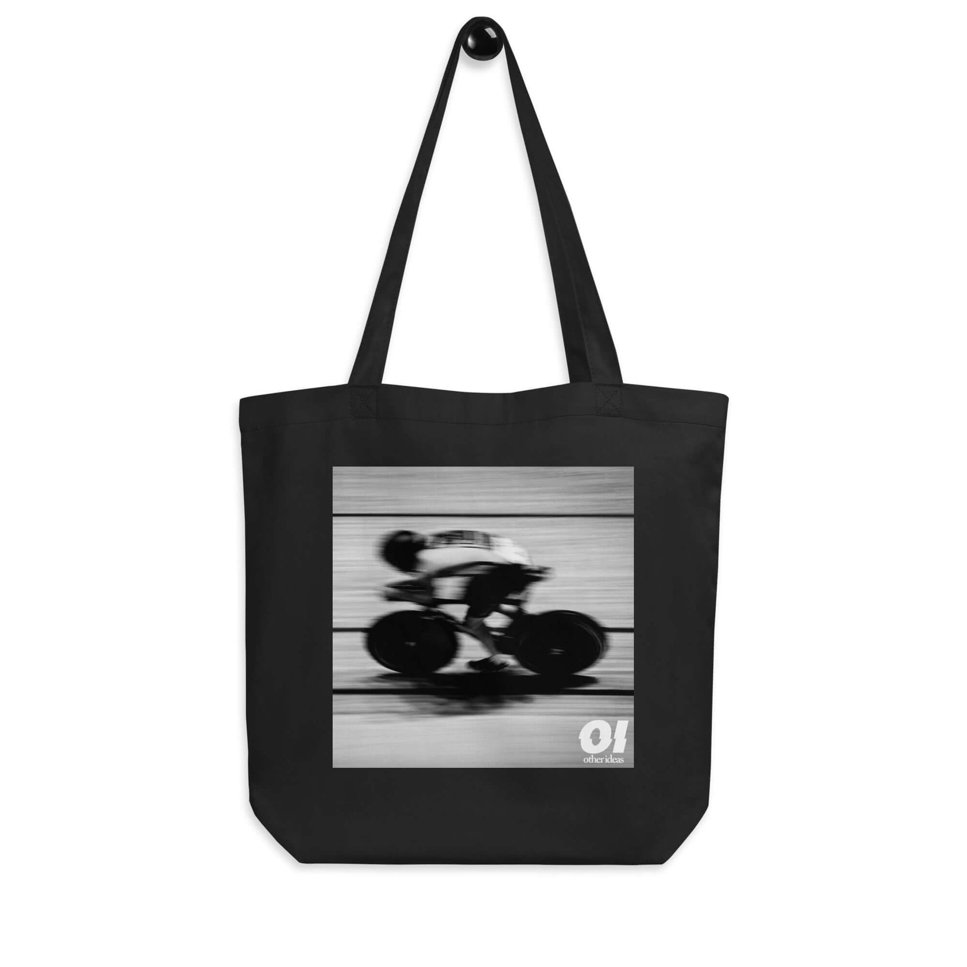 other ideas eco streetwear black organic cotton canvas streetstyle tote bag with black and white cycling speed photo printed on hanger view