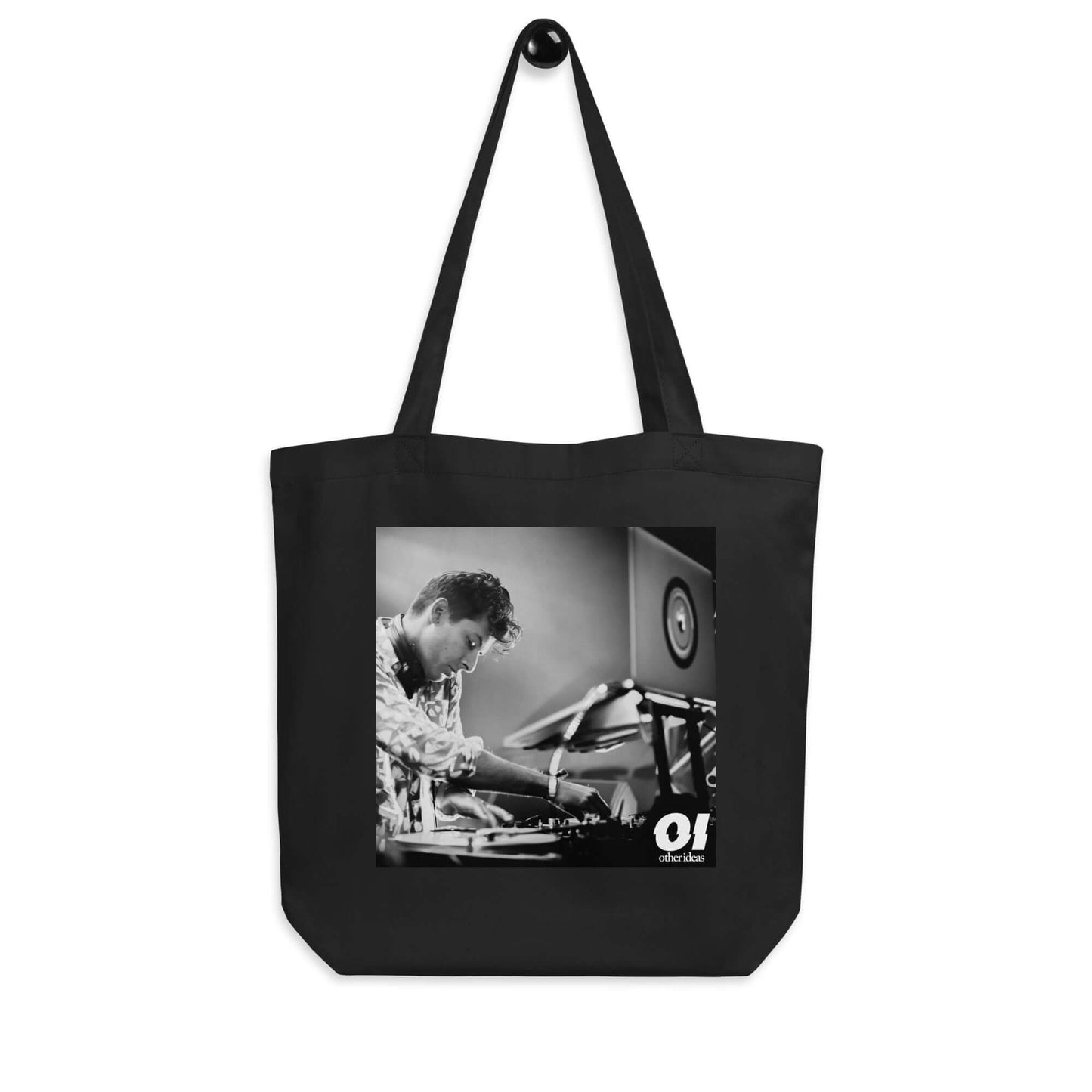 other ideas eco streetwear black organic cotton canvas streetstyle tote bag with black and white Dj Mark Ronson photo printed on hanger view