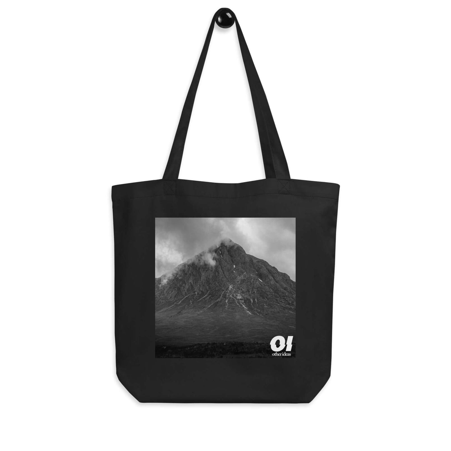 other ideas eco streetwear black organic cotton canvas streetstyle tote bag with black and white mountain photo printed on hanger view