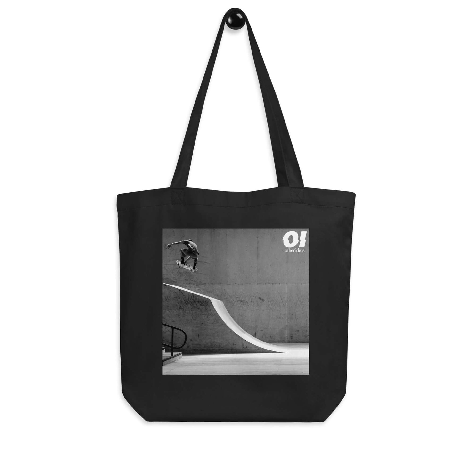 other ideas eco streetwear black organic cotton canvas streetstyle tote bag with black and white skateboarding "Air" photo printed on hanger view