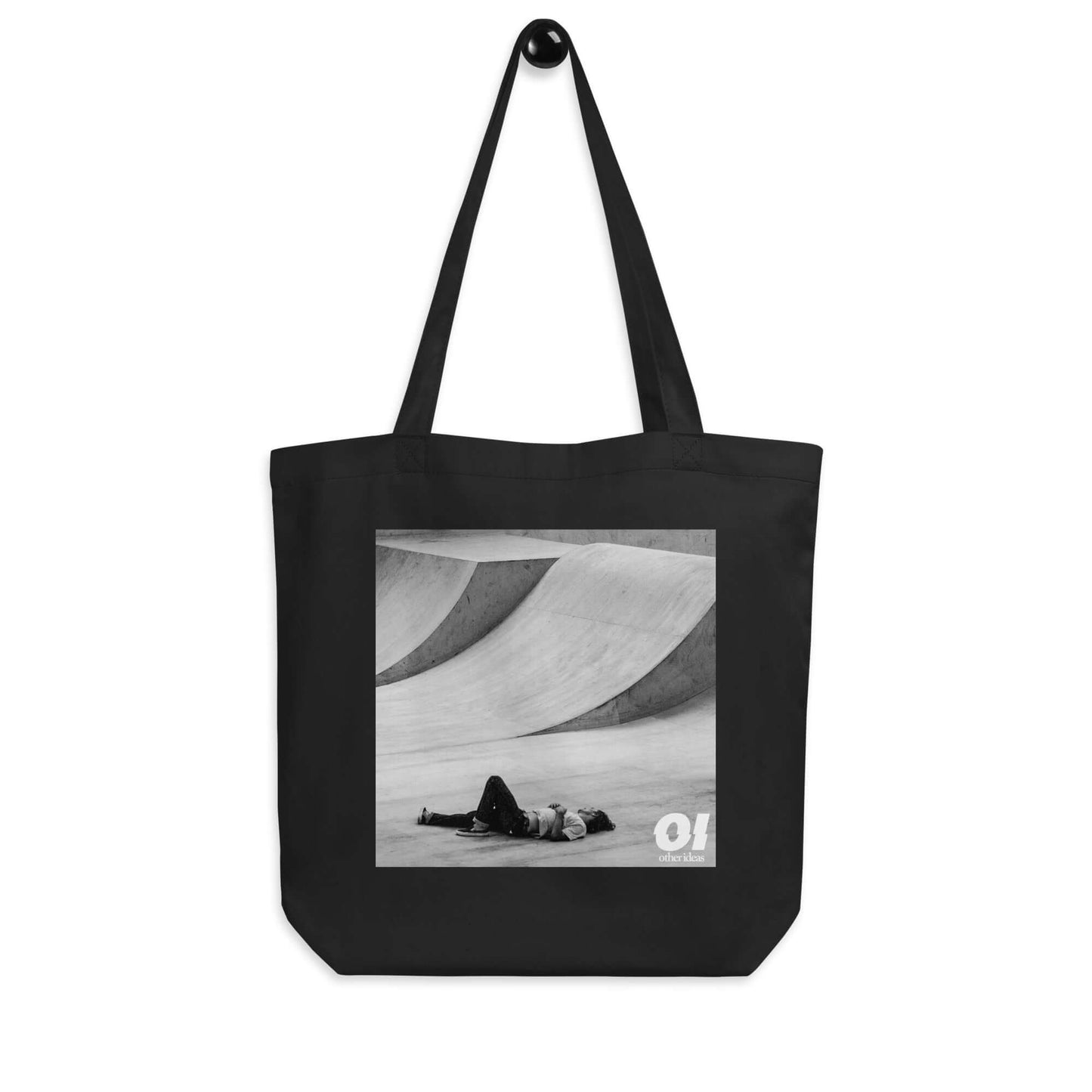 other ideas eco streetwear black organic cotton canvas streetstyle tote bag with black and white skateboarding "Fall" photo printed on hanger view