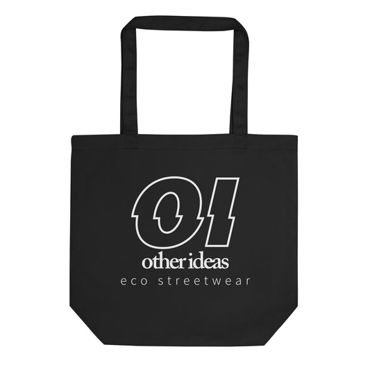 other ideas eco streetwear black organic cotton vegan tote bag with white outline logo and brand statement printed flat front view