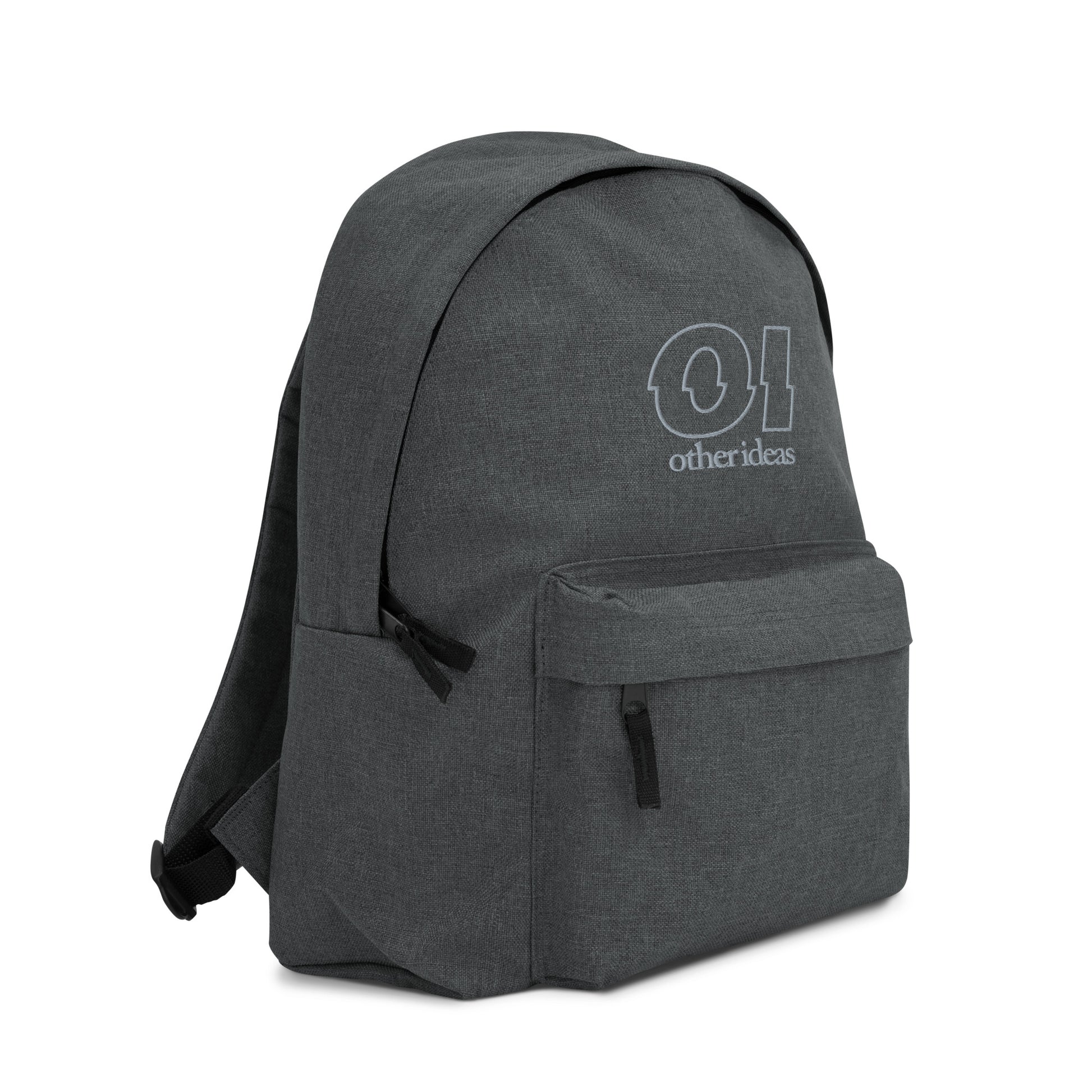 other ideas eco streetwear grey marl outline logo embroidered sustainably made slow fashion backpack front right view