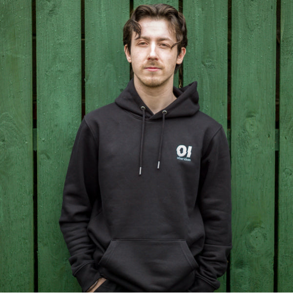 other ideas eco streetwear men's black sweatshirt hoodie logo embroidered organic cotton blend jersey sustainable slow fashion modelled front