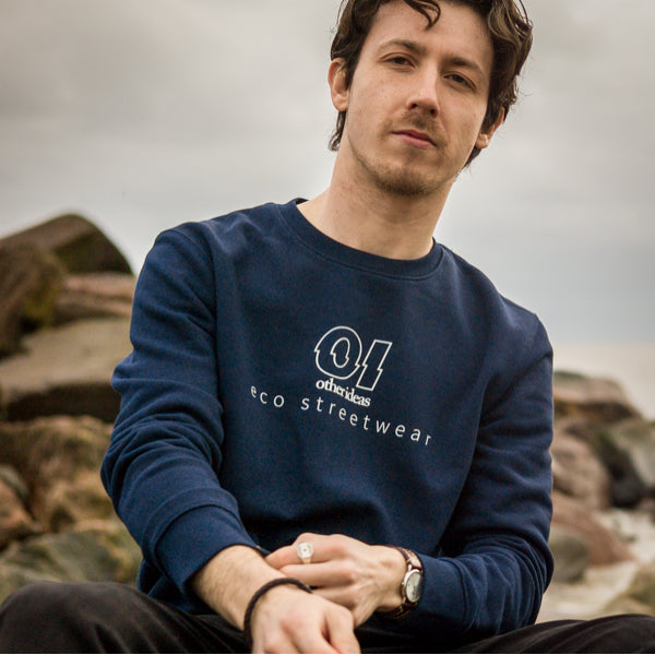 other ideas eco streetwear ethical clothing men's french navy blue sweatshirt logo printed organic and recycled sustainable slow fashion modelled front view