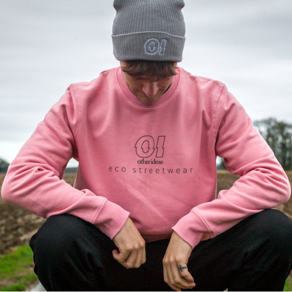 other ideas eco streetwear ethical clothing men's canyon pink sweatshirt logo printed organic cotton blend jersey sustainable slow fashion modelled front view 3