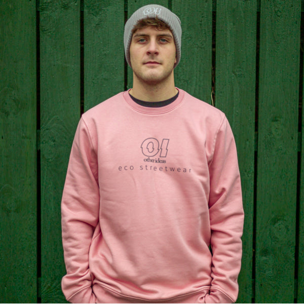 other ideas eco streetwear ethical clothing men's canyon pink sweatshirt logo printed organic cotton blend jersey sustainable slow fashion modelled front view 2