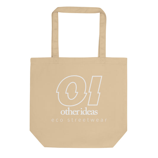 other ideas eco streetwear natural oyster organic cotton vegan tote bag with white outline logo and brand statement printed flat front view