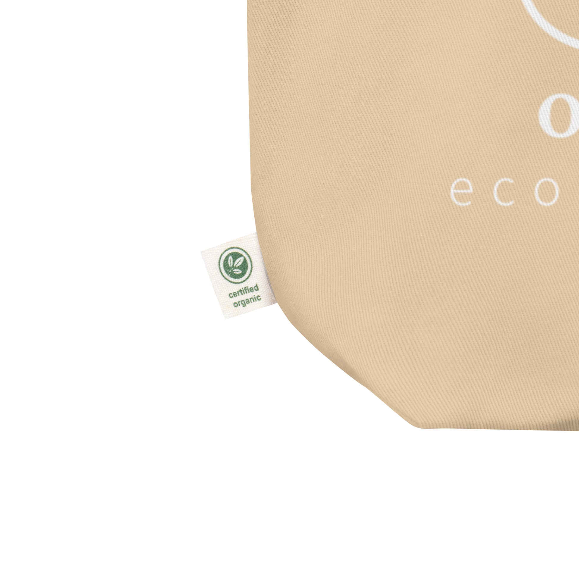 other ideas eco streetwear natural oyster organic cotton vegan tote bag with white outline logo and brand statement printed flat front view with organic label detail