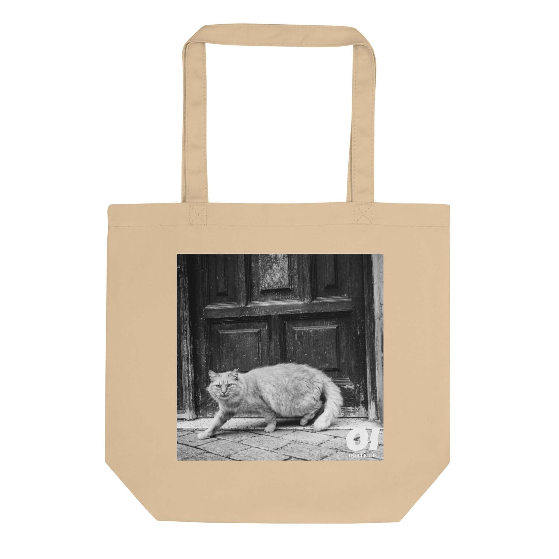 other ideas eco streetwear natural oyster organic cotton canvas streetstyle tote bag with black and white cat photo printed flat front view