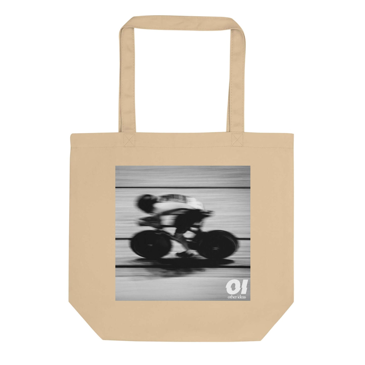 other ideas eco streetwear natural oyster organic cotton vegan tote bag with black and white cycling photo print flat front view